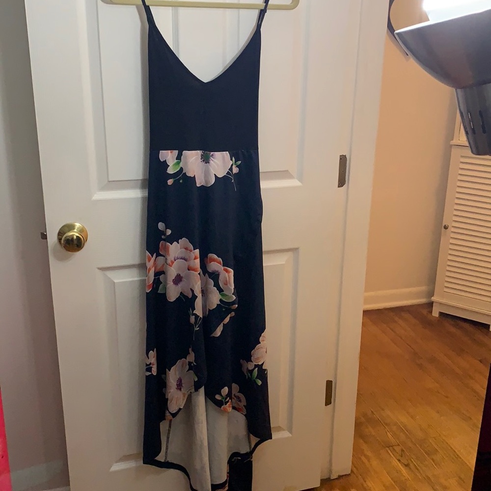 Cross back hi low blue dress with white and pink flowers